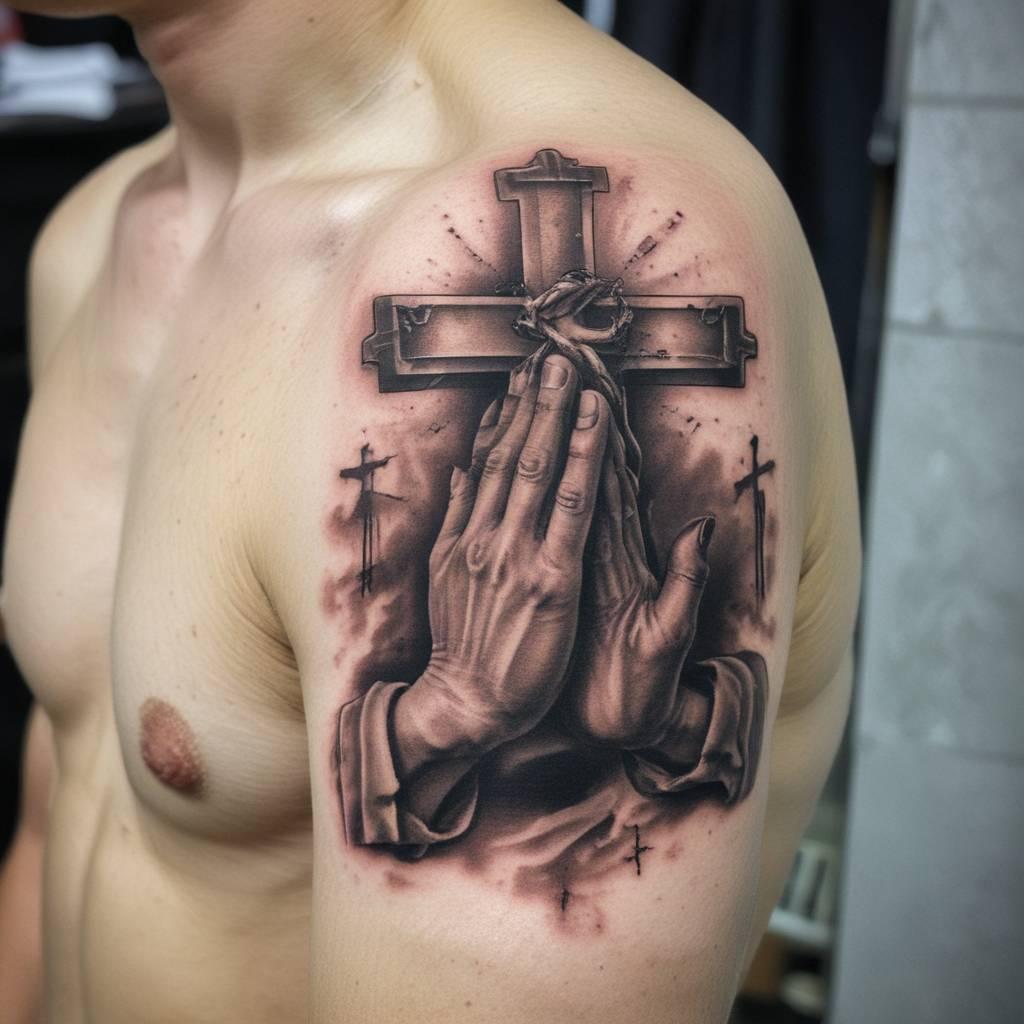 42 Divine And Meaningful Ideas For Praying Hands Tattoos That Improve One's Character! 4 Praying Hands with Cross tattoo